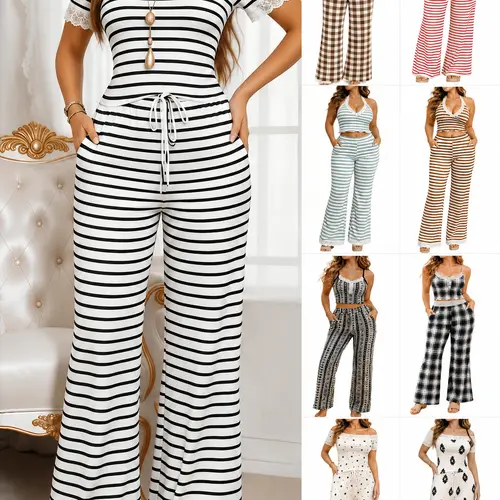 2pcs Wide Leg Comfy Lace Strechy Casual Summerwins Fashion Womenswear Suits Summerwins V-neck Off shoulder Striped Summer Stretchy Women Outfit Casual Set
