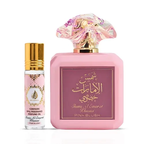 Pink Blush Shams Al Emarat Khususi Eau de Parfum Spray 100ml (3.4 oz) & Roll-On Perfume Oil 10ml (0.34 oz) By Ard Al Zaafaran (Bundle)