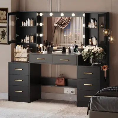 58.3" Vanity Desk with Mirror, Replaceable Lights & Charging Station, Bedroom Dressing Table, Large Vanity Set, 8 Drawers and 2 Cabinets, Makeup Vanity Table with Charging Station, Without Stool, White/Black/Pink
