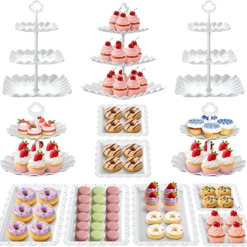 Sebastian CADIA 12Pcs Plastic Tiered Cake Style Cupcake Stands Set - 3-Tier Tower, 2-Tier Holder, Lightweight Dessert Fruit Trays, Easy-to-Use Tea Party Birthday Decoration Supplies