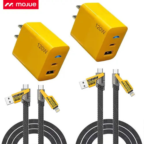 MOJUE 2-Pack 100W Durable High Efficiency Portable Phone Charger Set - Nylon Braid Anti-Tangle 3-in-1 Mecha Style Cable, Dual USB-C & USB-A Wall Charger, Compatible with Mobile Smartphone, iPhone/iPad (18/17/16/15/14/13), Samsung Galaxy, Android Devices