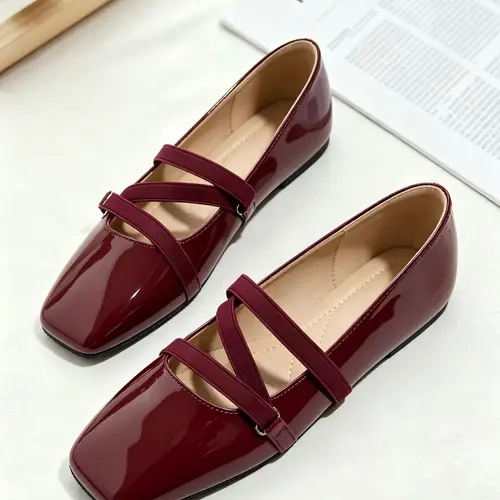 Women's Easy-On Flat Low Heel Square Toe Shoes, Fashionable PU Leather Rubber Sole, All-Season Versatile Ballet Flats for Office Commuting & Casual Wear, Everyday Ballet Flats