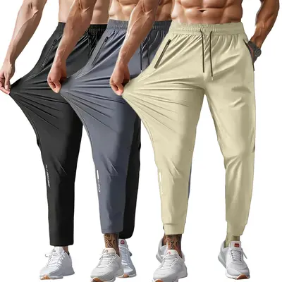 Summer quick-drying sports casual pants, loose plus size ice silk air conditioning pants, couple style casual long pants, ice-sense pocket zipper pants, ankle-length nine-inch pants, men's pants, suitable for running, jogging, yoga fitness and golf sports