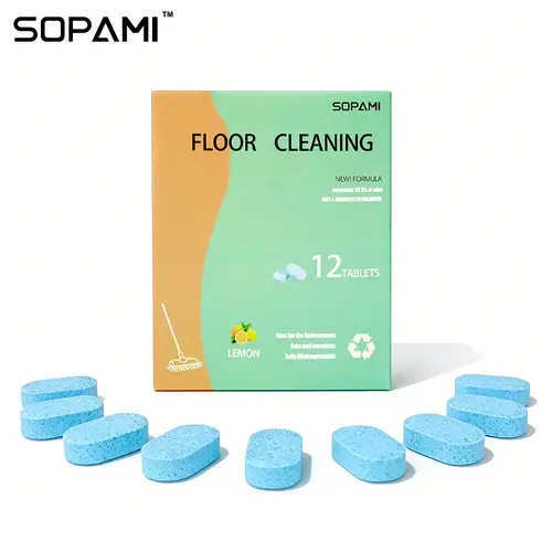 SOPAMI Solid Lemon Scented Floor Cleaner Tabs (12-Pack) - Eco-Friendly Home Care Supplies, Non-Aerosol All-Surface Cleaner, Powerful Stain Remover, Odor Control Clean Floors Solution