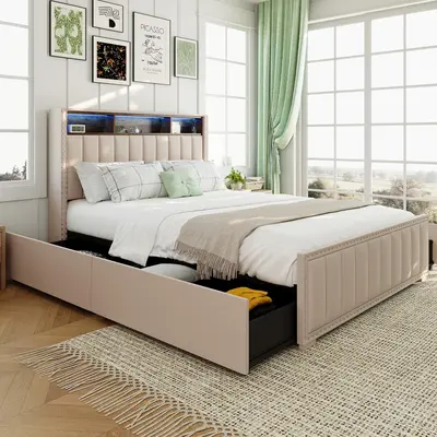 Upholstered Storage Bed Frame With LED Lights – 4 Built In Drawers & Headboard Charging Station – Modern Platform Bed For Small Bedroom And Master Suite