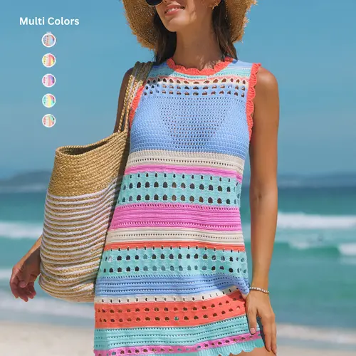 POPVIL Color Contrast Women’s Crochet Knit Swim Cover-Up Dress with Colorblock Design – Vacation & Beach Ready
