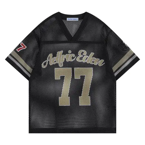 AELFRIC EDEN Men's Retro Graphic Top, Vintage Jersey Fabric Mesh Activewear with Oversized Deep V-Neck & Number Print for Streetwear, Polyester Back-to-School First-Day Outfits