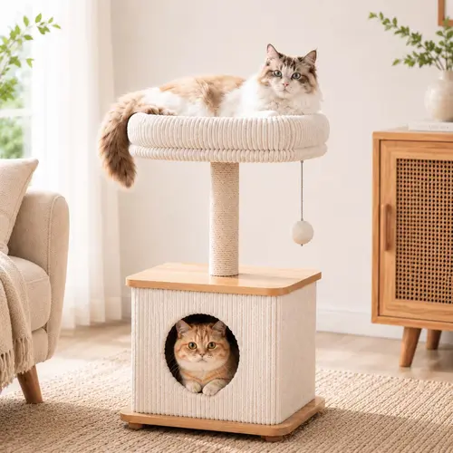 Compact Cat Tree for Small Indoor Cats with a Soft Top Bed and Cozy Hideaway Below, Scratching Post and Spring Ball Toy in a Modern Black and Wood Finish