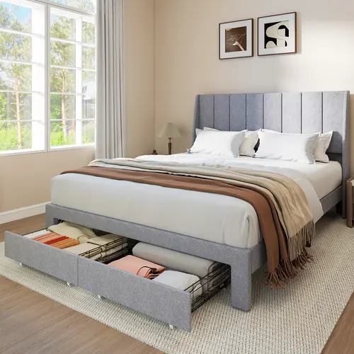 Upholstered Bed Frames With 2 Storage Drawers，Channel Tufted Headboard,Fabric Wrapped Legs,Elegant Platform Bed With Ample Underbed Storage