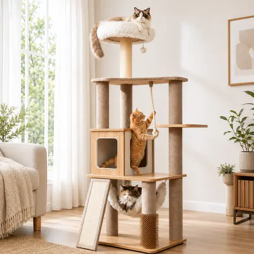 Modern Solid Wood Cat Tree for Indoor Cats – Large Cat Tower with Plush Top Bed, Cozy Condo, Hammock & Sisal Scratching Posts, Stylish Cat Furniture