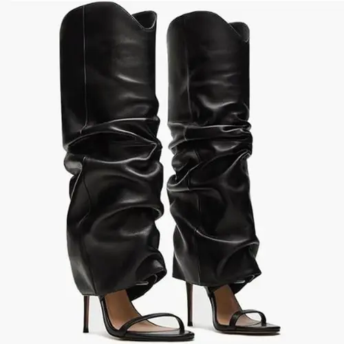 EROCALLI Women's Leather Luxe Cuffed Knee-High Bold Open-Toe Boots - Slim Stiletto, Pull-On Wide Calf, BlackPU/GreenPU, Casual/Evening Footwear, Pairs with Dresses Skirts Jeans, Boosts Poise, Saves Busy-Day Time