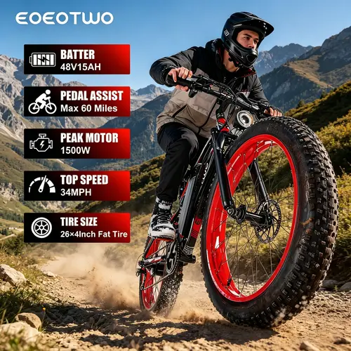 EOEOTWO E01 Lightweight Multifunctional All-Terrain Rechargeable Ebike - 1500W Peak Power, 26x4-in Wide Tyres, 48v 15ah batt., 60-Mile Pedal Assist Range, 34mph Max Speed, LED Display Dashboard, Bike Seat, Installation Manual for Mountain Bikes, Road Use