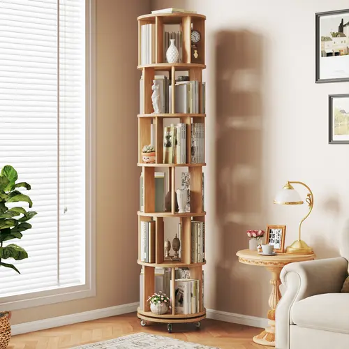 Solid Wood Rotating Bookshelf, 6-Tier 360° Spinning Round Bookcase on Wheels, Narrow Rolling Bookshelf Tower for Kids, Bedroom, Office, Small Space
