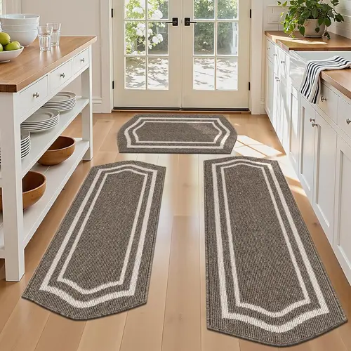 LOKHOM 3-Piece Farmhouse Look Rug Style Flat Weave Mats - Boho Distressed Art, Non-Slip, Heavy Duty, Water Absorbent, Machine Washable, Exquisite Edge, Built for Daily Kitchen Foot Traffic - 20"x32", 20"x48", 20"x59" Sizes