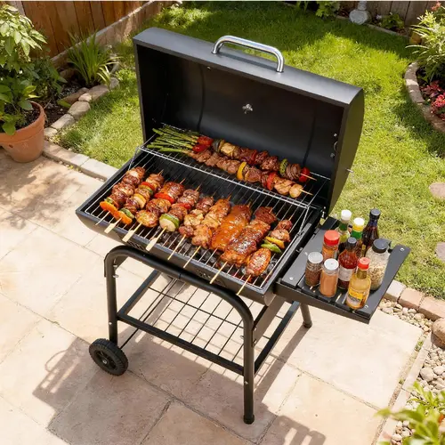 Karlhome Portable Traditional Solid Metal Charcoal BBQ Grill - Outdoor Grill with Side Shelf, Large Cooking Surface, Temperature Gauge, 2 Wheels, Rack, Damper Heat Tuning, Ample Storage Options for Backyard Cookouts, Cooking BBQ Camping Use