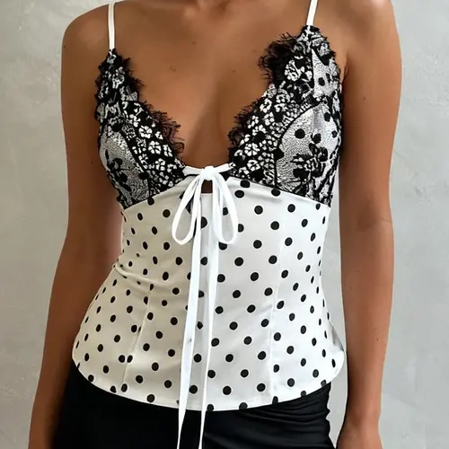 Women's Polka Dot Lace V-Neck Stylish Spaghetti Strap Top, Backless Slim Fit Camisole, Vintage Y2K Summer Style, Sexy Elegant Cute Tank Top, Casual Fashion Backless Sleeveless Top