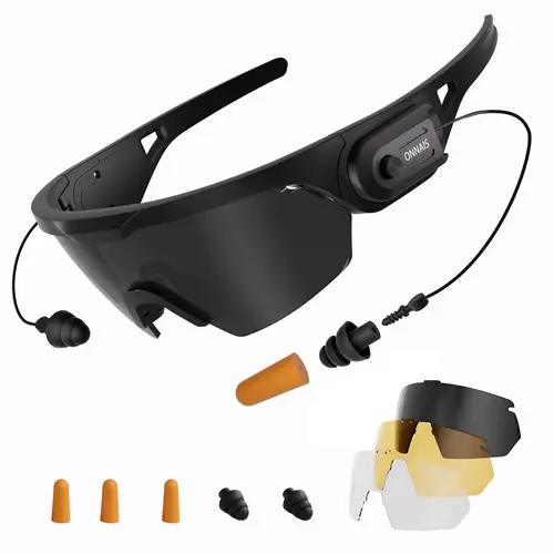ANSI Z87.1 Certified Anti-Fog Safety Goggles with Built-in NRR 32dB Earplugs, 3 Interchangeable Lenses, UV400 Sun Block, Slim Lightweight Dust-Proof Protection for Power Tools, Mowing (All-Day Wearers)