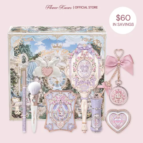 Flower Knows Sweet Routine Set, Bunny Garden 9-Piece Full Face Makeup Kit with 6-Color Palette, Embossed Blush, Gel Eyeliner, and Brush, Ideal Beauty Products Gift for Women
