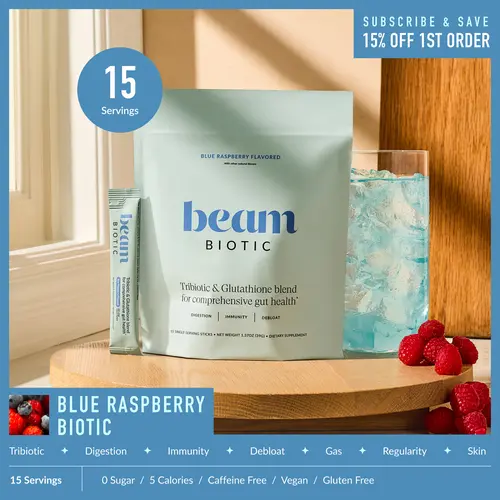 Beam Biotic Superblend Gut Health Vitamins - 15 Single-Serve Sticks, Dietary, Gluten Free, Bloating Support, Mixed Berry/Blue Raspberry/Citrus Lemonade, Pre+Pro+Postbiotics+Glutathione | DealsForYouDays