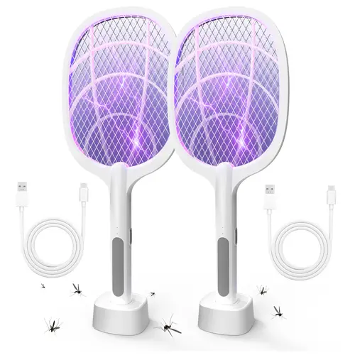 Handheld Rechargeable Electric Fly Swatter Electronic Mosquito Killer - 1200mAh Batteries, USB-C Charging, Purple Light, Triple-Layer Safety Net, Eco-Friendly, Portable, Easy to Clean, 32kv Zap Power, 32kv on Contact, 32000v, Indoor/Outdoor Use for Gnats