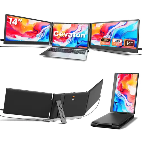 Cevaton 14" Compact Dual Monitor Extender for 13.3"-17.3" Laptops, USB-C IPS FHD 1080P Monitors, Foldable Width-Adjustable, Tri-Screen Sync Capable, 4.1 lbs, Dex/Android/PC Compatible (Dual Video Output Required)