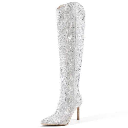 RONILURN Women's Rhinestone Glitter Detail Bold Over-the-Knee Boots - Stiletto Heels, Party-Style Pointed-Toe, Fabric Upper, Rubber Sole, Western Gothic Vibes All Seasons Women's Shoes