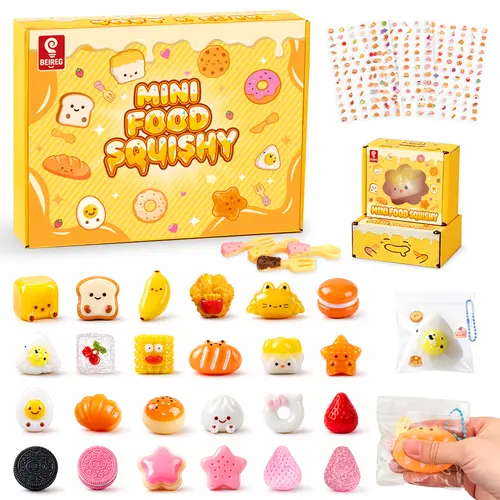 BEIREG Moldable Taba Squishy Series - 24 Safety-Certified Kawaii Squishies, Food-Theme Stress Relief Fidget Toys, Tactile Calming Tools, Bulk Kids’ Party Favors with Gift Boxes, Card+Decor Set, Whimsical Cool Gifts