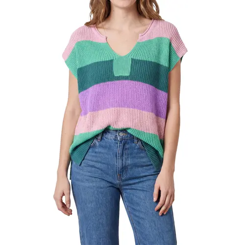 Shewin Women's Knitted Clothes - Bold Colorblock Striped Effortless V-Neck & Short Sleeve Loose-Fitting Top, 60% Stretch Move Acrylic Knit, Lightweight Casual, Side Split Hem, Shirts for Women, First Day of School Outfits