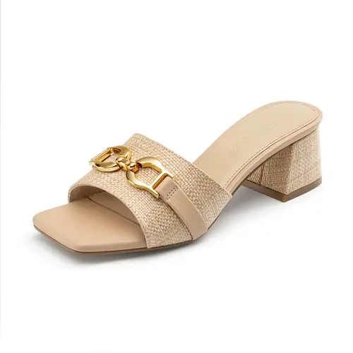 Athlefit Women's PU Sandals - Raffia Square Airy Open-Toe Slip-On Mules, 2" Low Heel Ease Chunky Block Heels with Metal Chain, Summer Effortless Travel Shoe