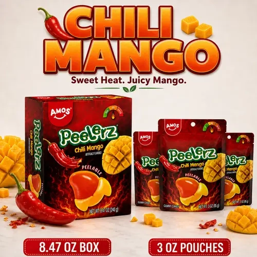 AMOS Peelerz Chili Mango Peelable Gummy Candy, Sweet & Spicy Mango Flavor, 8.47 oz Box and 3 oz Pouches, Fun Fruit Snack for Sharing and Gifting Delicious