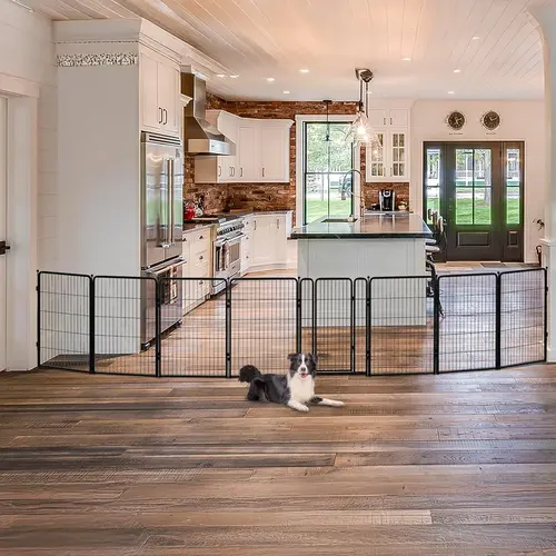 FXW Enclosed Metal Panel Dog Gate - 8 Panels, Up to 219" Wide, 24"/32"/40"/45" Height, Anti-Slip Pads, Wall-Secure Anchors, Fits Rooms/Stairs/Garages, Sleek Metal Look Blends with Decor, Indoor Use
