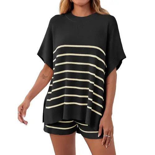 Fisoew Women's Casual 2-Piece Striped Sweater Set - Elastic Round Neck Oversized Batwing Short Sleeve Top, High Waisted Drawstring Loose Breathable Knit Lounge Shorts for Summer Women's Clothes & 2 Piece Sets