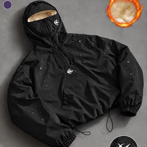 Men's Half Zipper Hooded Badge Jacket, Durable Water-Resistant Fabric, Relaxed Fit, Urban Functional Style, Versatile for Everyday Wear, Lightweight Activewear, Trendy Pullover with Face Shield