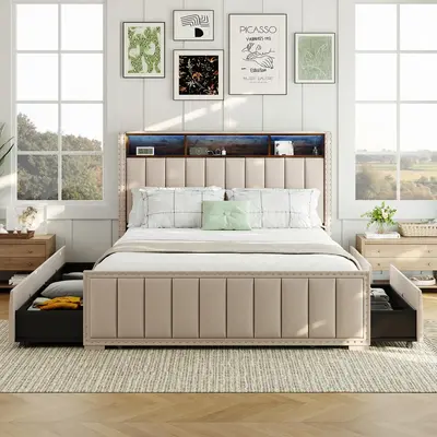 Sweetcrispy Modern Solid Wood Platform Bed Frame (Full/Queen) - Modern Bedroom Furniture with 4-Drawer Storage, 2-Tier Headboard, LED Lights, 2 Built-In Charging Ports, Footpads, Assembly Required, for Household Bedrooms