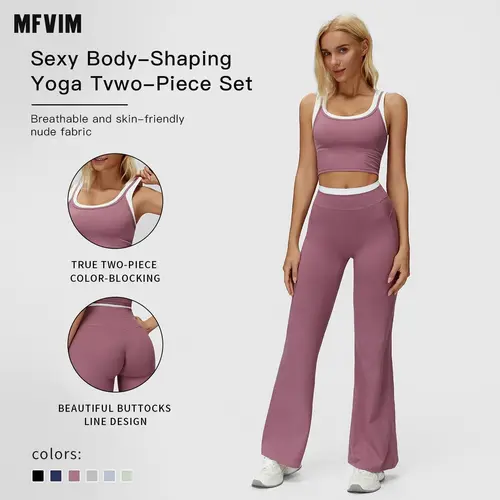 Women’s MFVIM 2-Piece Sporty Plain Crop Cami Top & Flare Leg Pants Set - Breathable Activewear, Casual Workout Loungewear for Yoga, Travel - Workout Sets Women, Camping Essentials
