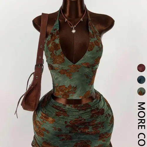 Women's Floral Print Deep V Neck Crop Top & Tight Mini Skirt Set, Sexy Chic Two-Piece for Back-To-School Season Clothing Sets