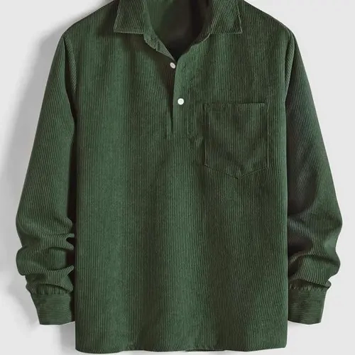 Men's Plain Pocket Half Button Corduroy Shirt, Casual Comfy Regular Fit Long Sleeve Collared Top For Fall & Winter, Men's Clothes For Daily Wear