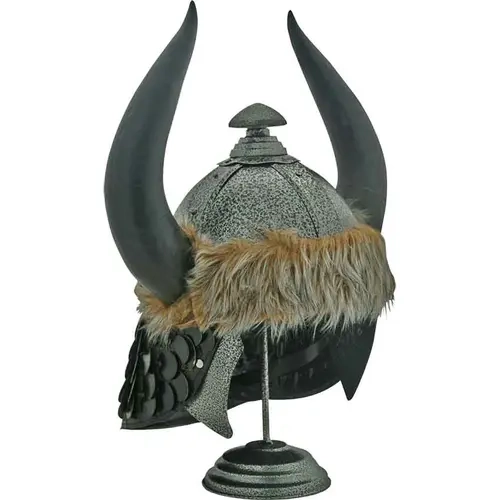 Men's Traditional Medieval Warrior Barbarian Black Horns Speckled Helmet - 18 Gauge Carbon Steel Wearable Costumes, Leather & Faux Fur Trim, 2 Size Options, Full-Size Matching Display Stand for Renaissance Events