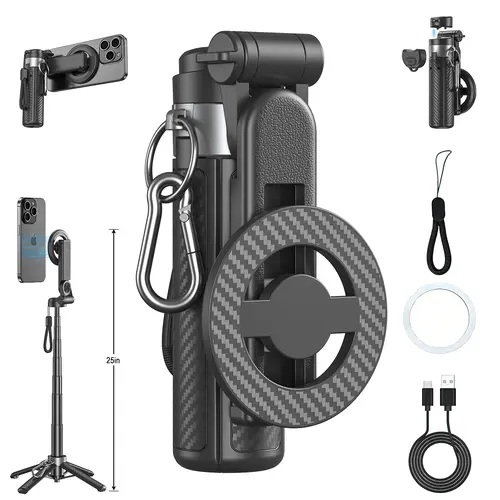 2026 Edition 4-in-1 Magnetic Selfie Stick with Grip, 25in Upgraded Stable Mag Mount, Wireless Bluetooth Remote, 360° Rotation, Universal for Cellphone, Mobile, Smartphone, Tripod for iPhone, Adjustable Magnetic Tripod Stand Selfie Accessories for Vlogging