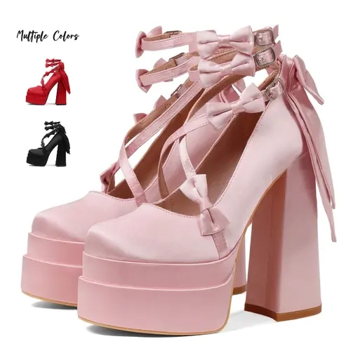 AOSPHIRAYLIAN Women's Cute Rubber Mary Jane Footwear - Round Toe, Ankle Strap Buckle, Block Platform Heels, Lace, Lolita Kawaii Princess Fashion Shoes for Women, Black/Pink/Red, Birthday Wear