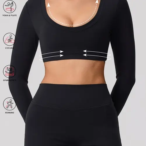 1 count Only Long-sleeved Tops Women's Backless Hollow Design Long Sleeve Athletic Top, Breathable Elastic Yoga Shirt with Removable Bra Padding, U Neckline and Crop Style for Fitness Activewear Pieces