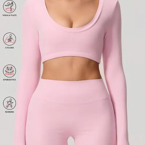 1 count Only Long-sleeved Tops Women's Backless Hollow Design Long Sleeve Athletic Top, Breathable Elastic Yoga Shirt with Removable Bra Padding, U Neckline and Crop Style for Fitness, Hollow Back Activewear Workout Clothes, Fitness Sport Top
