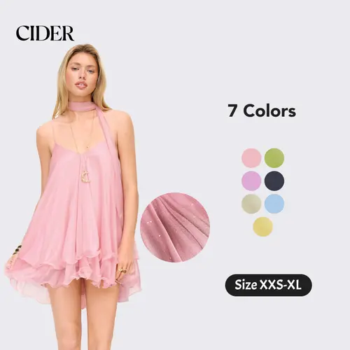 Cider V-Neck Halter Ruffled Hem Tulle Glitter Mini Dress Casual Wear Sexy Glamorous Women's Party Clubbing Festival Gown, Oversized Loose Fit Bounce Sundress with Scarf for Summer SummerWins Dealsforyou