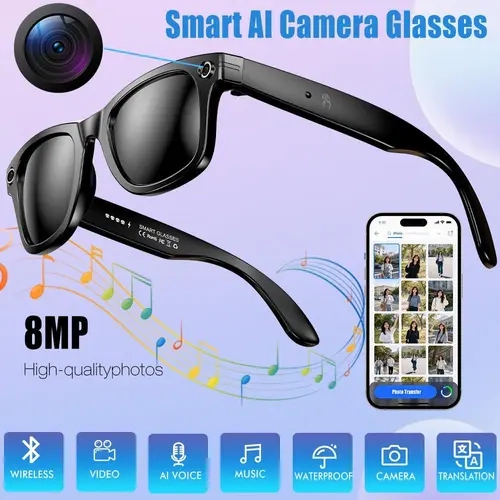 Multifunctional Wireless Wearable Smart Glasses - Black Frame, 8MP Photochromic Lenses, Touch Control, UV Protection, Hands-Free Photo/Video Recording, 160+ Language Real-Time Translation, AI Interaction, for Travel, Outdoor Use, Hiking