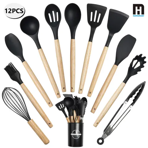 Hansmart 12-Piece Specialty Cooking Utensil Set - Wooden Handles, 446°F Heat-Resistant Silicone Turner, Non-Toxic & Safe, Durable for Nonstick Cookware, Ideal for Daily Use