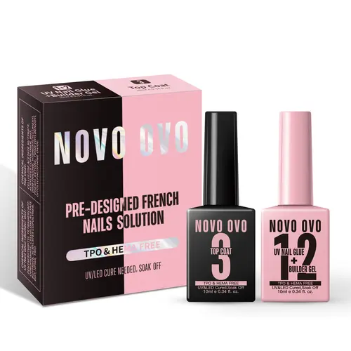 NOVO OVO UV Nail Glue & Builder Gel 2-in-1 Kit (10ml Bottle in Box) - Crystal Manicure, No Wipe Top Coat, HEMA-TPO Free Strong Adhesive for Predesigned French Tip Press-Ons, Easy At-Home DIY Nail Care