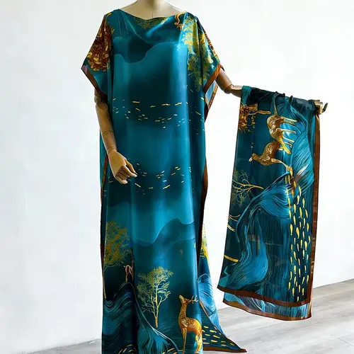 Women's Flowers Print Cape Shawl & Scarf Set, Elegant Beach Cover-Up For Holiday Vacation, Swimsuit Cover Up