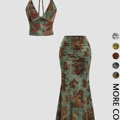 Women's Floral Deep V Neck Crop Top & Fish Tail Skirt Set, Sexy Two-Piece, Back-To-School Fashion, All-Over Print Design