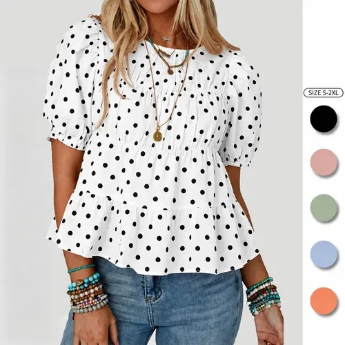 Imily Bela Womens Puff Sleeve Peplum Babydoll Tops Summer Smoked Pleated Cotton T Shirts Casual Loose Fit Flowy Blouse