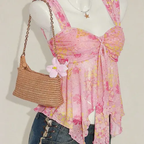 Women’s Floral Asymmetrical Hem Top, Cute Sheer Mesh Printed Sleeveless Boho Style Shirt for Spring & Summer, Vacation Style Floral Blouse